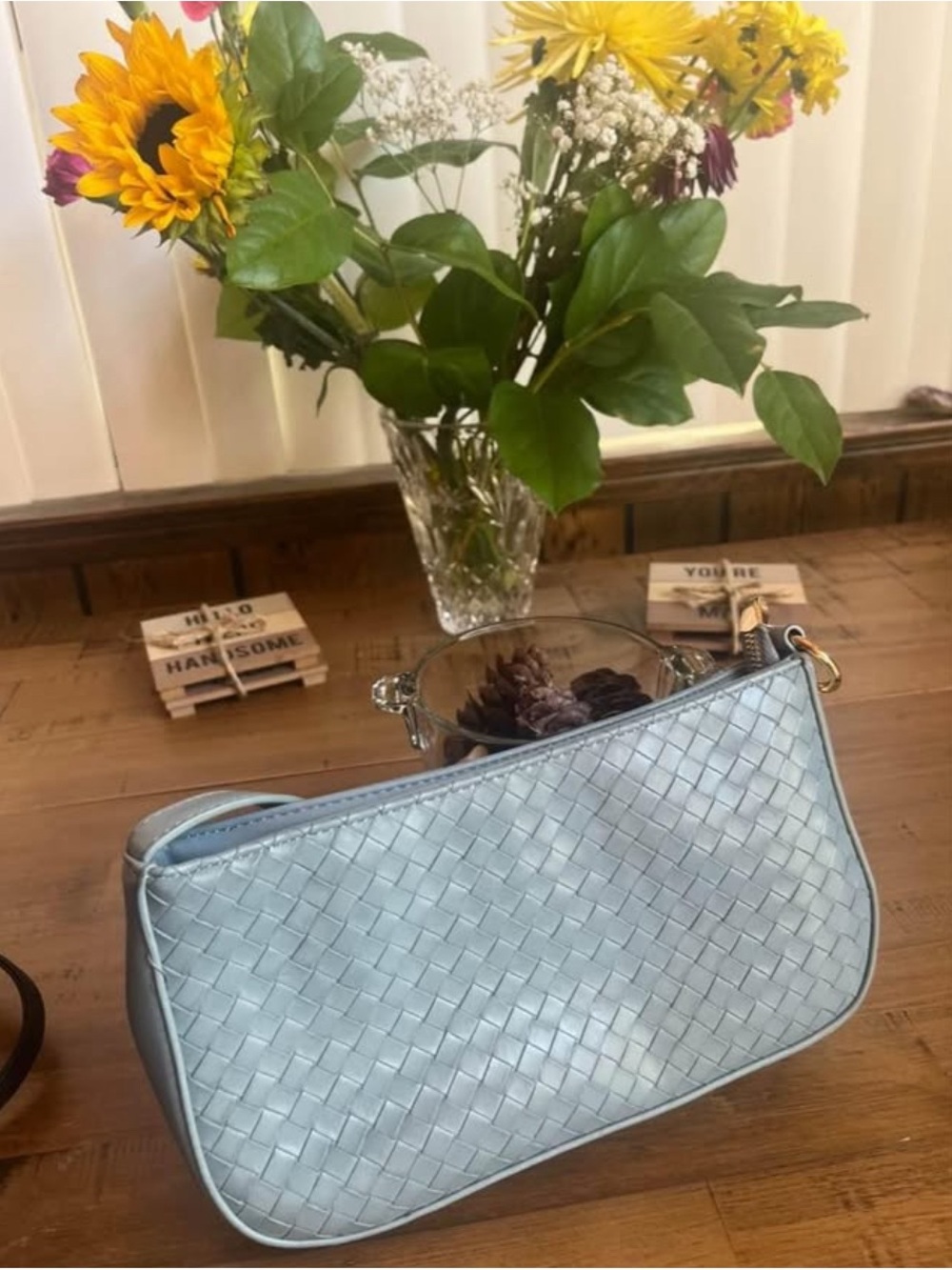 Light Blue Woven Shoulder Bag - MW